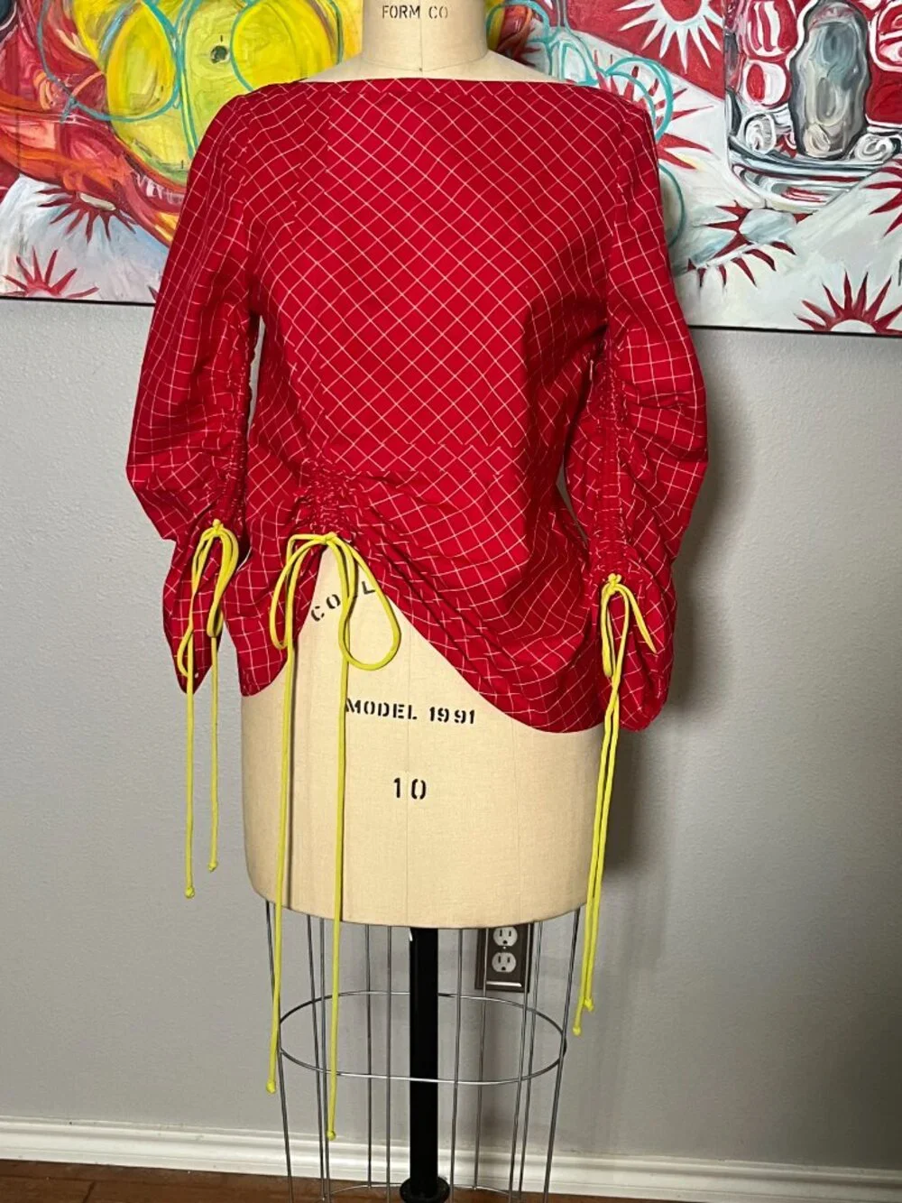 Tory Burch Windowpane Silk Tunic Top Red White Ruched Drawstring